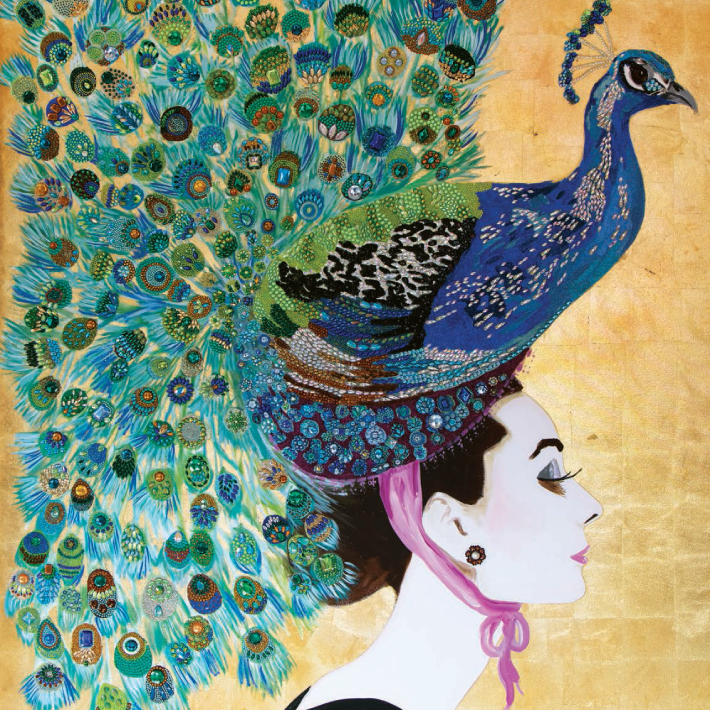 lady with peacock on her head