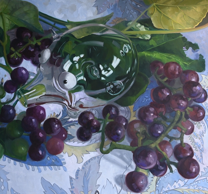 Still-life painting of a glass pig over grapes by Jacques Soulas featured in Inside New Orleans Magazine